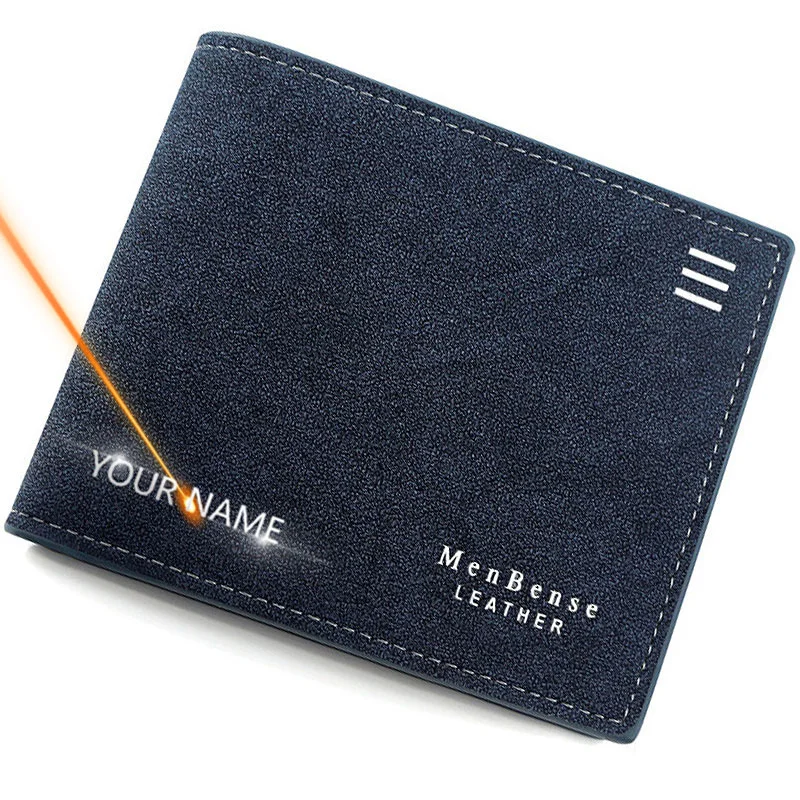 

New Short Men Wallets Name Engraved Card Holder Classic Male Wallet With Coin Pocket Zipper Fashion Frosted Slim Men's Purses
