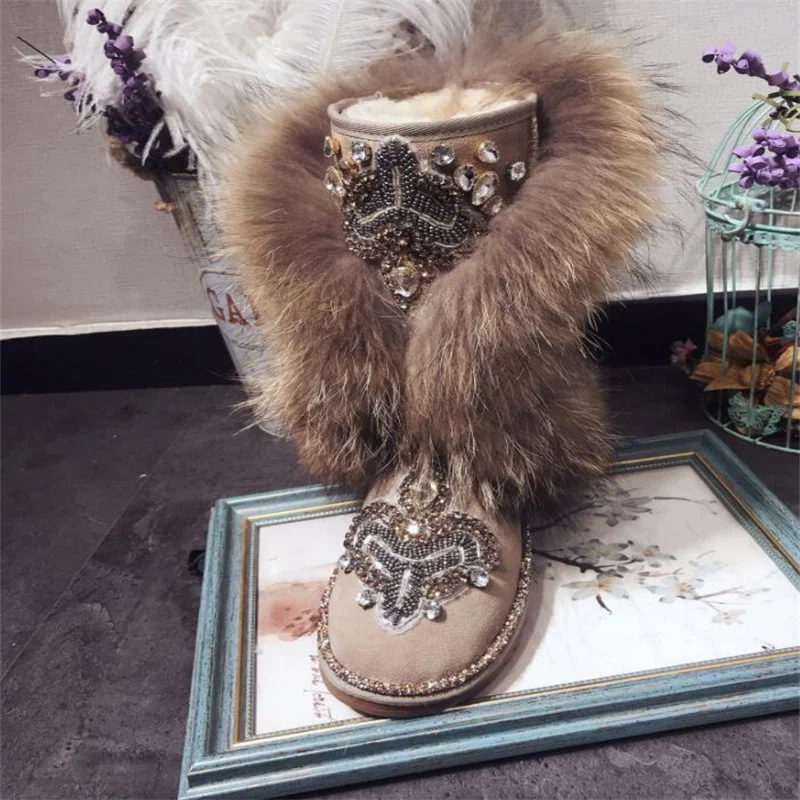 Botas de nieve de piel de zorro hechas a mano, zapatos de algodón, talla grande 35-44