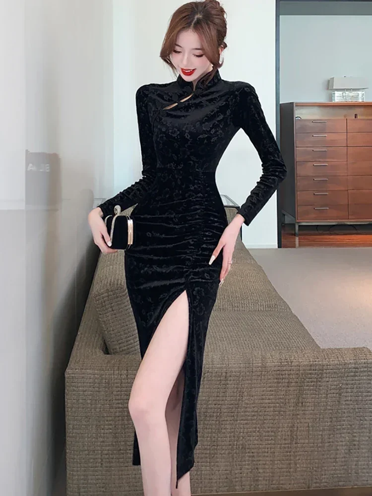 2024 черное бархатное жаккардовое длинное платье с цветочным рисунком женское