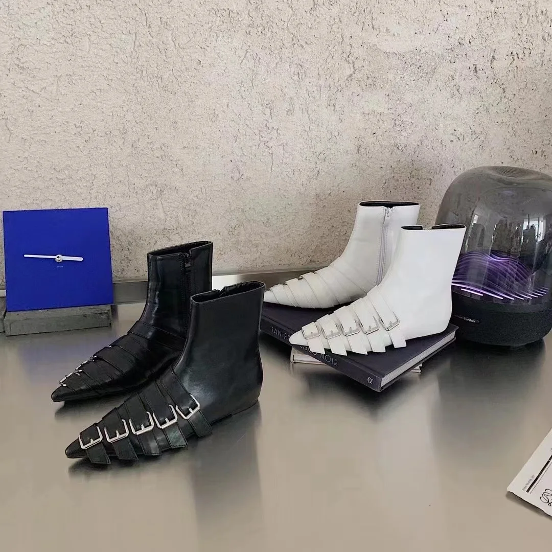 

Fashion Women Ankle Boots Pointed Toe Belt Buckle Black/White Side Zipper 2022 New Arrivals Elegant Sexy Party Pumps 35-39