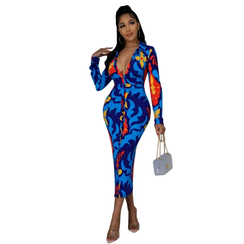 

African Dresses For Women Party Dashiki Clothing Sexy Print Long Sleeve Maxi Dress Robe Africaine Femme Clothes Africa Dress