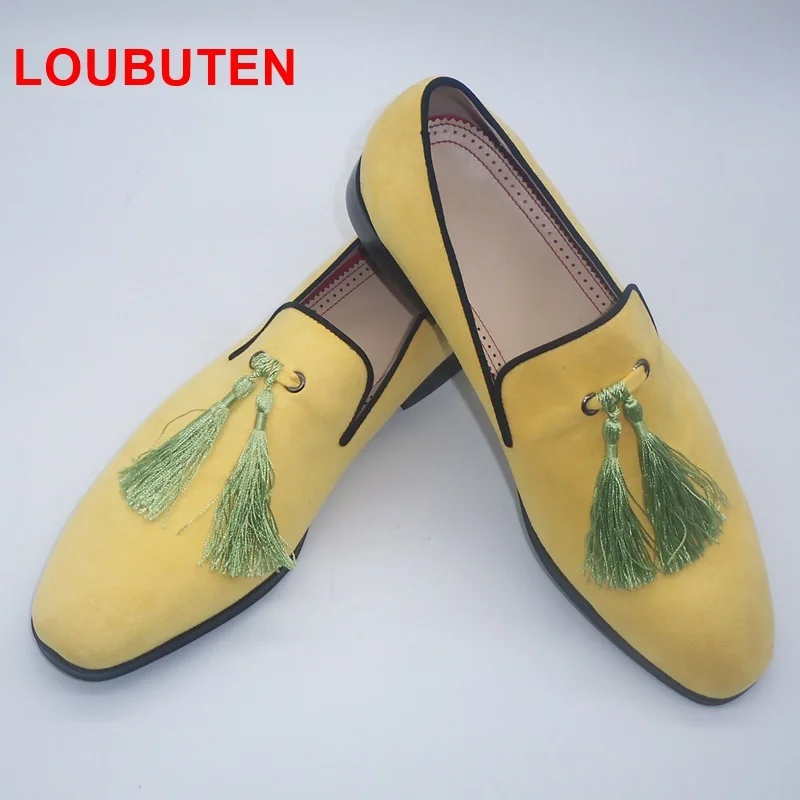 

LOUBUTEN Fashion Yellow Velvet Mens Shoes Free Shipping Tassels Loafers Dress Shoes Summer Men's Flats Casual Shoes Slippers