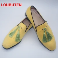 loubuten fashion yellow velvet mens shoes free shipping tassels loafers dress shoes summer mens flats casual shoes slippers