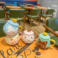 400ml cartoon bear crown ceramic mug creative tea cup with spoon small animal cute coffee mugs and cups kawaii milk mug with lid