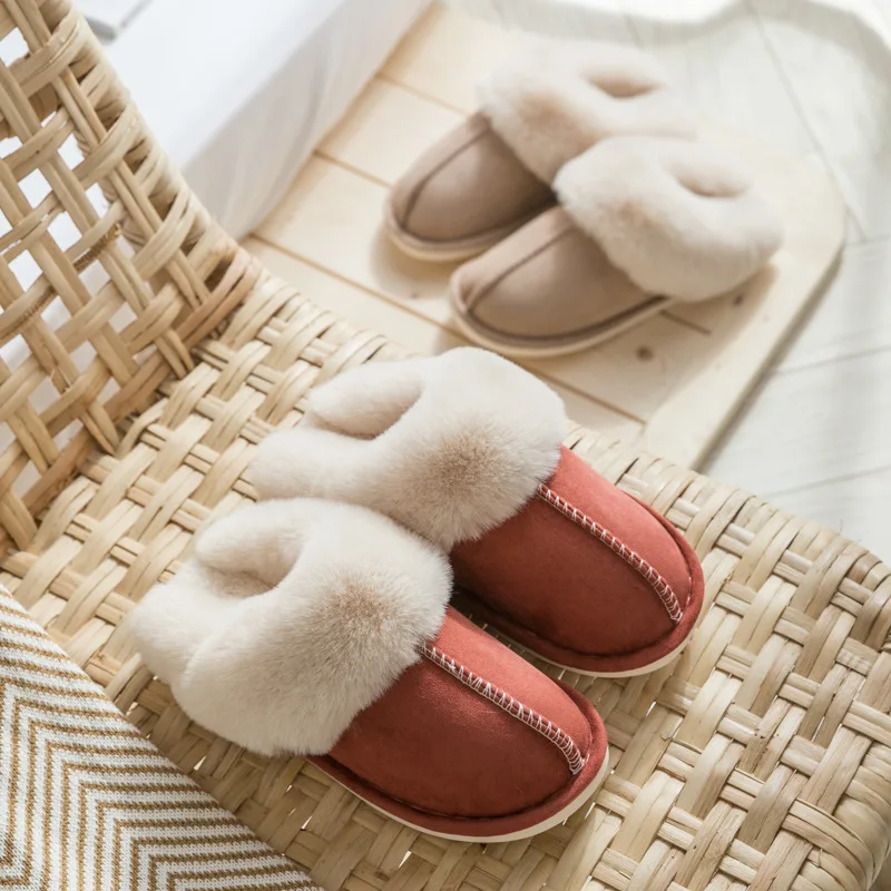 

2022 Faux Suede Home Women Full Fur Slippers Winter Warm Plush Bedroom Couples Shoes Indoor Ladies Furry Slippers Woman Non-slip