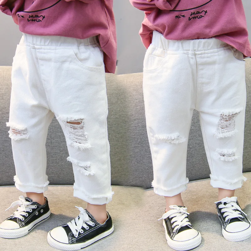 

Boys Girls Ripped Pants 1-6Years Kids White Elastic Waist Hole Casual Trousers Spring Korean Style Jeans