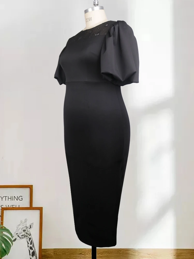 Curve Dress Office Lady Black Short Lantern Sleeve Elegance Lace Patchwork Bodycon Long Dresses Plus Size 4XL 5XL Summer 2023
