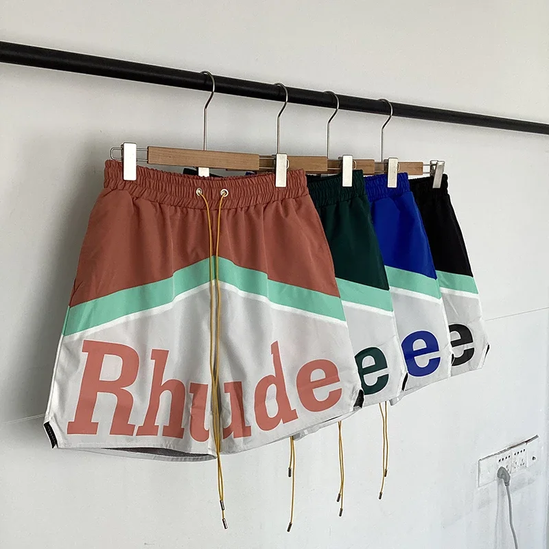 

Fashion Pink Blue Green Black RHUDE Shorts Unisex High Quality Casual Letter Printed Logo Pocket Drawstring Inside Mesh Breeches