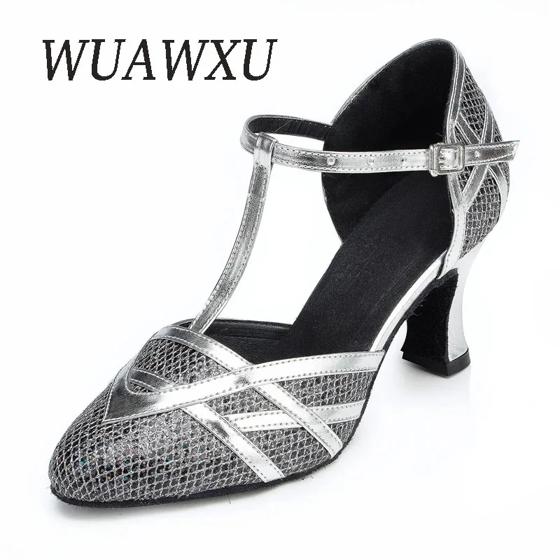 NATASHA 2023 Baotou Latin Dance Shoes Female Adult Gold Sequins Square Dance Shoes Medium High Heel Social Dance Performance Sho