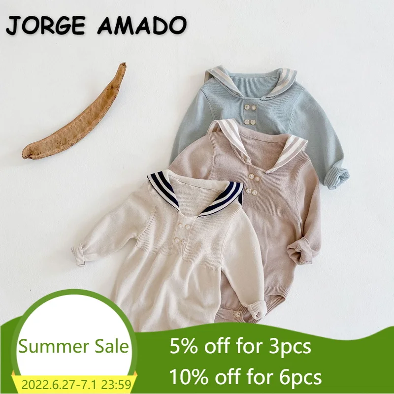 

2022 New Spring Girls Bodysuit Blue Purple Apricot Patchwork Long Sleeves Knit Sailor Collar Jumpsuit Newborn Wool Clothes E005