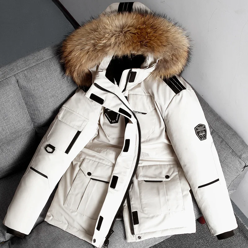 -20 Degree Winter Warm Couple Puffe Jacket Women's White Duck Down Parkas Coat Fashion Big Fur Collar Thick Snow Windbreaker Man