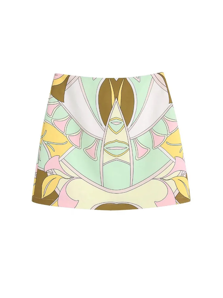 

2022 Summer Women Mini Skirts Fashion Vintage Print Zipper Satin Female Sweet Street Skirt Clothing