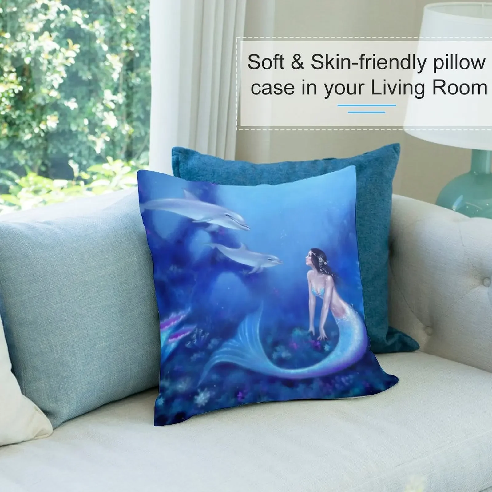 Подушка с ультрамарином Русалка и дельфины домашний декор рождественская
