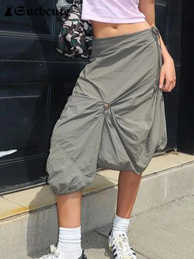 

SUCHCUTE Grunge Fairycore Folds Women Midi Skirts Y2K Harajuku Low Waist Pocket Up Cargo Skirt Hip Hop Streetwear Korean Clothes
