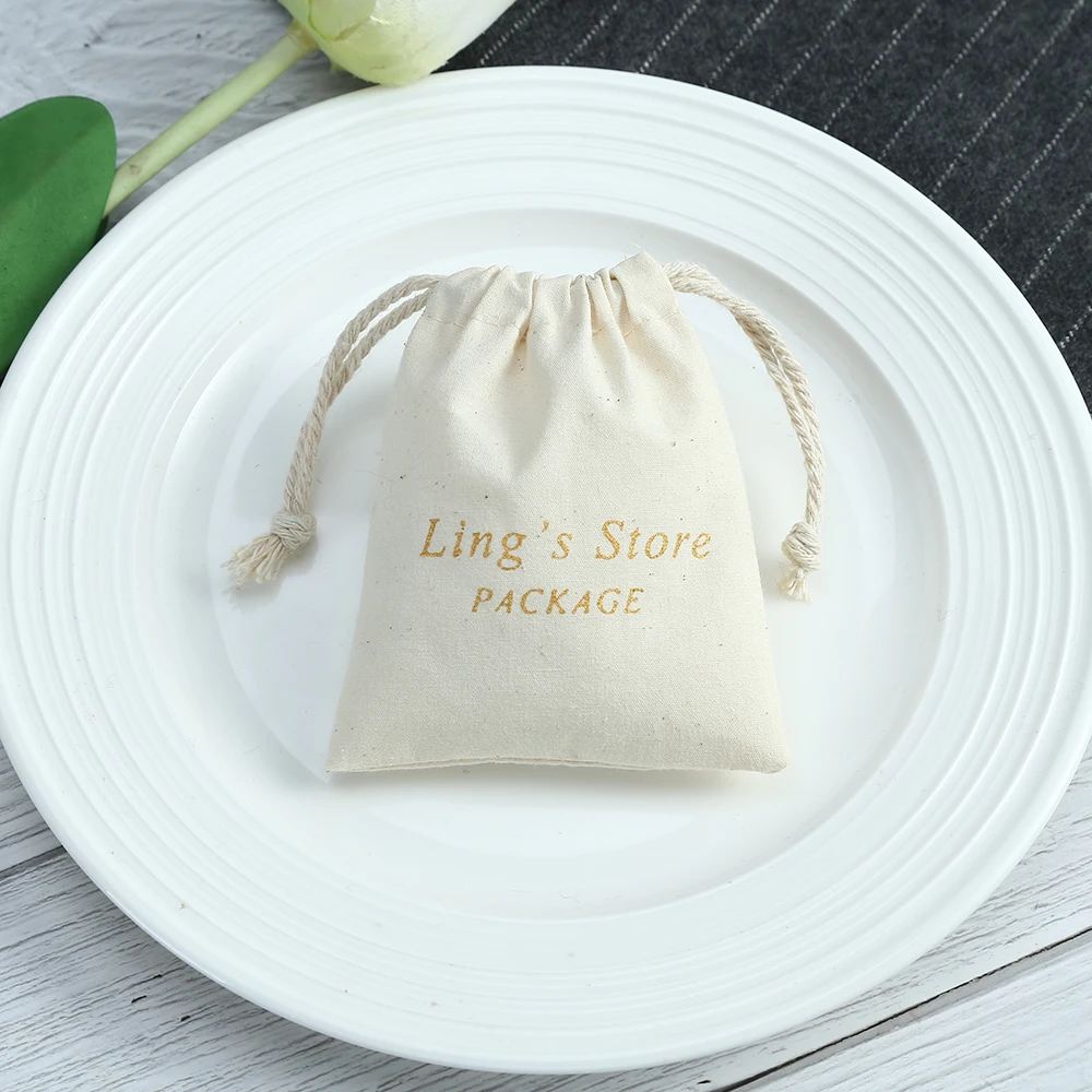 100pcs Customize Logo Print Pouches Storage Packaging Drawstring Nature Cotton Jute Ring Earings Gift Bags Organizer for Jewelry
