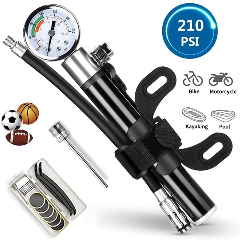 

High-pressure 210psi Bike Air Pump With Gauge Bike Tire Repair Tool Cycling Hand Air Pump Tire Inflator Schrader Presta Valve