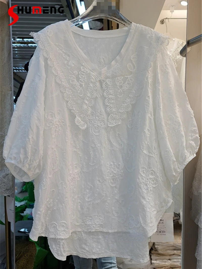 

Patchwork Ruffled Lace Shirt Women's Spring Summer New Fashion V-neck Blouse Mid-Length Loose Bottoming Shirt Fashion Tops