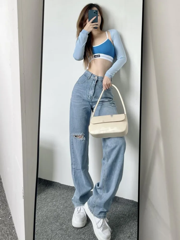 

WOMEGAGA European Style Street Trend Cool High Waist Ripped Straight Jeans Solid Color Thin Tassel Design Women's Clothing DNJT