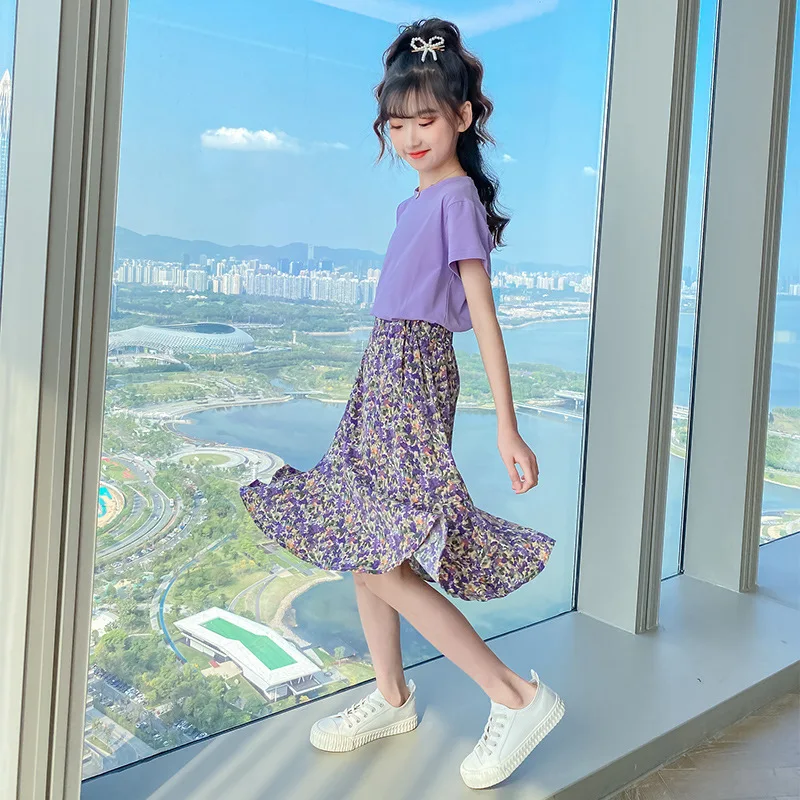 

Children Clothing Teenage Sweet Elegant Purple Floral Ruffle Skirt Set Girls Solid Color Short Sleeve T-shirt Tops Suits 3-12yrs