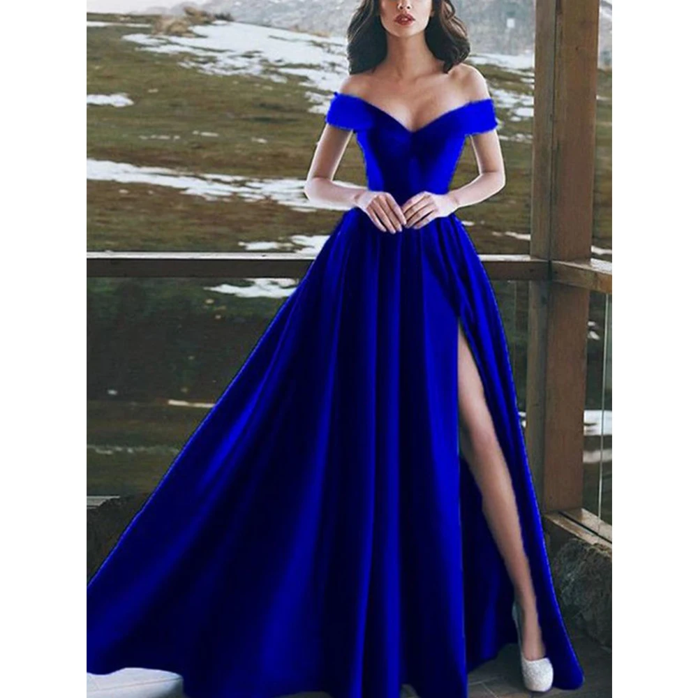 

Blue Satin Prom Dresses Women's 2023 Simple Beach Formal Wedding Party Bridesmaid Fashion Celebrity Evening Gowns Robe De 2022