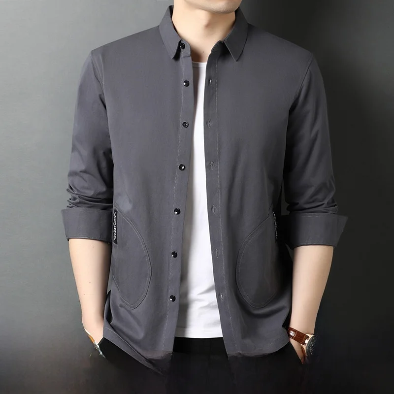 Hanbo Jufang Мужские хлопковые флагманские рубашки с длинными рукавами Cargo Casual