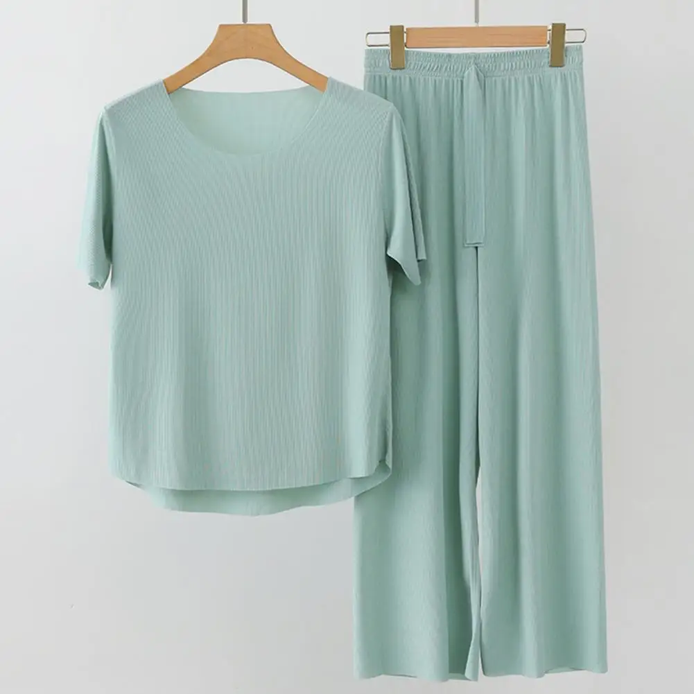 

Round Neck Pajama Set Comfortable Women's Pajama Set Seamless Ice Silk Homewear with Elastic Waist Wide Leg Soft Breathable