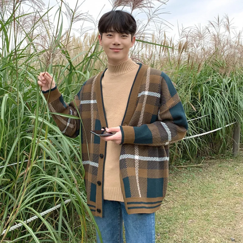 Клетчатый мужской кардиган с узором пальто новинка весны однобортный