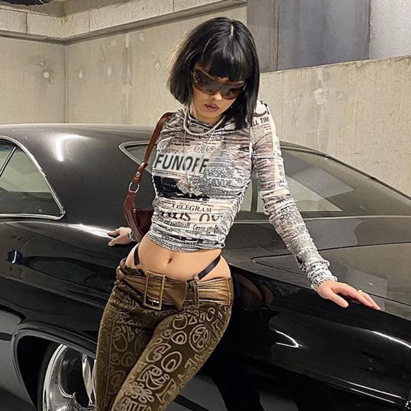 

Женская Сетчатая футболка с длинным рукавом, круглым вырезом и надписью