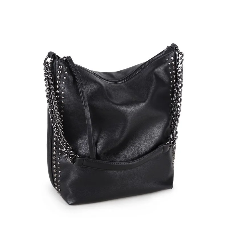 

Женская Повседневная сумка-ведро с заклепками, Черная мягкая вместительная сумка через плечо с цепочкой в стиле панк, осень