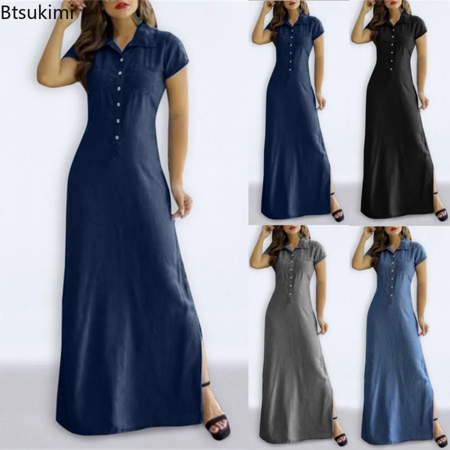 

New Spring Summer Women Loose Denim Vintage Button Pocket Befree Dress Long Short Sleeve Summer Party Elegant Maxi Dresses S-5XL