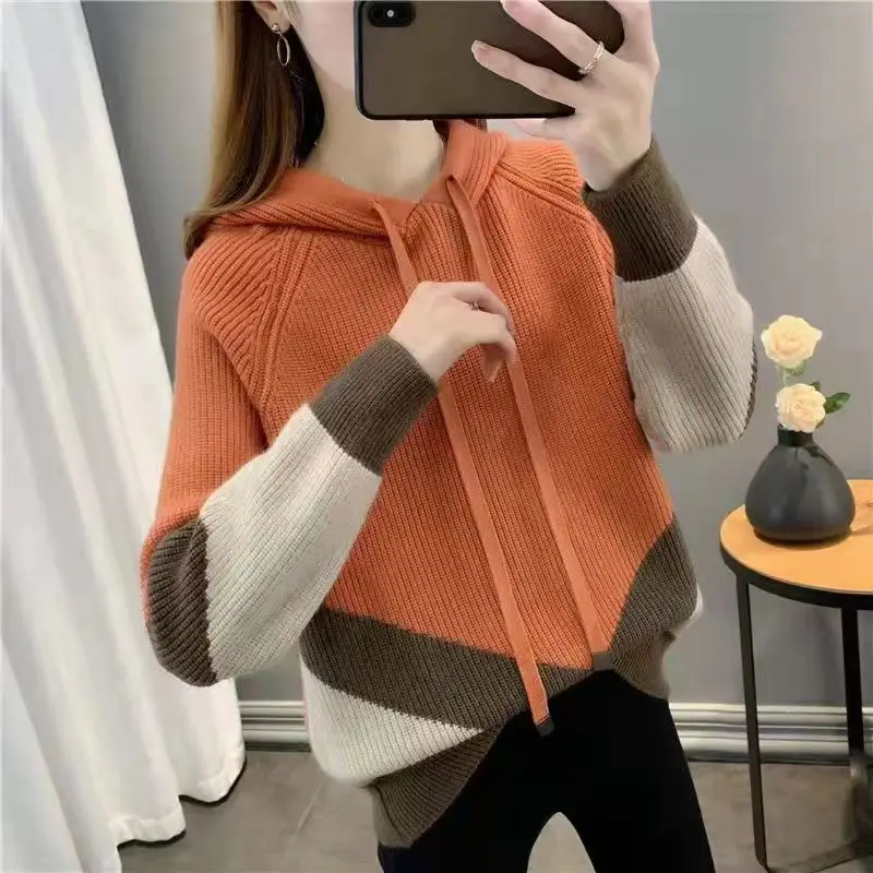 

Hooded sweater color contrast sweater women loose Korean autumn and winter clothes 2022 long sleeve casual splicing sweater top