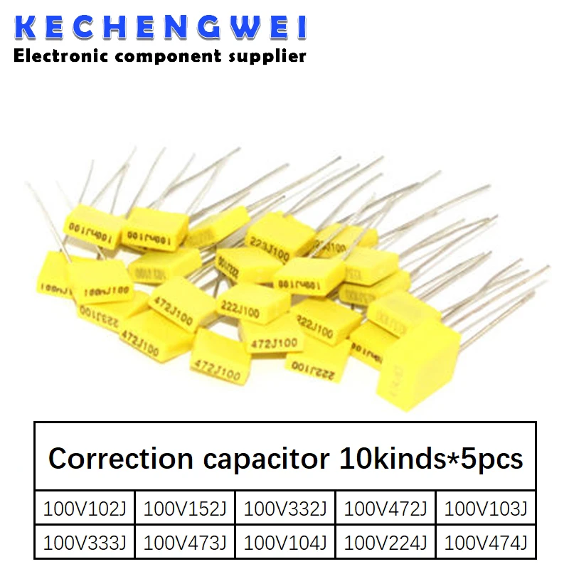 

Correction capacitor package kit 10 kinds * 5 PCS=50 PCS KIT 100V 102J 152J 332J 472J 103J 333J 473J 104J 224J 474J