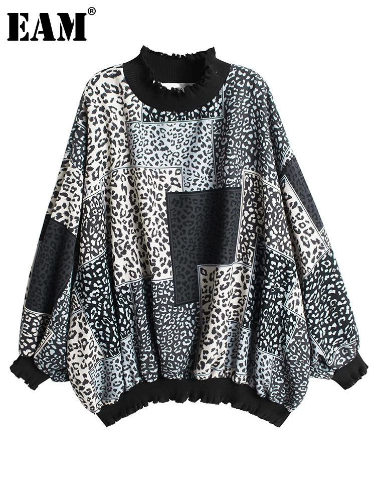 

[EAM] Loose Fit Leopard Printed Sweatshirt New Turtleneck Long Sleeve Women Big Size Fashion Tide Spring Autumn 2022 1DE6283