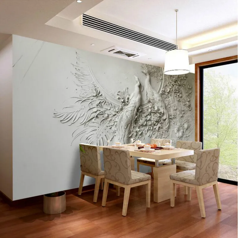 Стереоскопические обои с изображением павлина серые тисненые фрески для