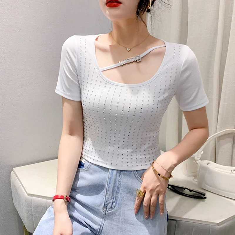 #5552 футболка с коротким рукавом женская сексуальная клубная Футболка со стразами