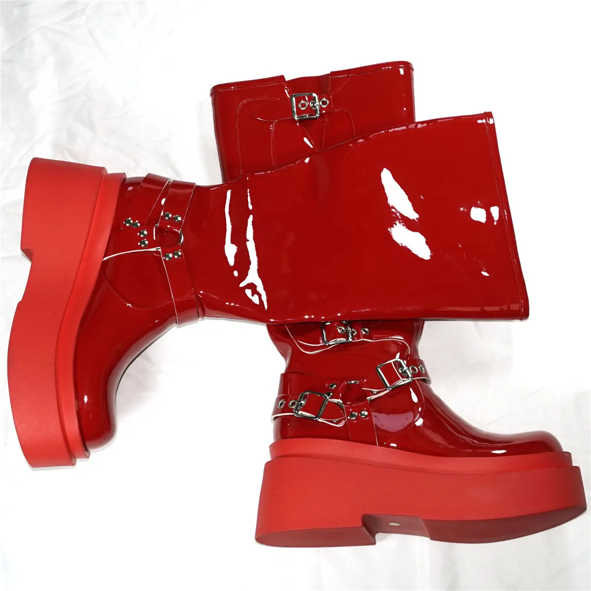 Winter Fashion Sneakers Women Red Patent Leather Wedges Knee High Boots Female Round Toe Thigh High Platform Pumps Casual Shoes