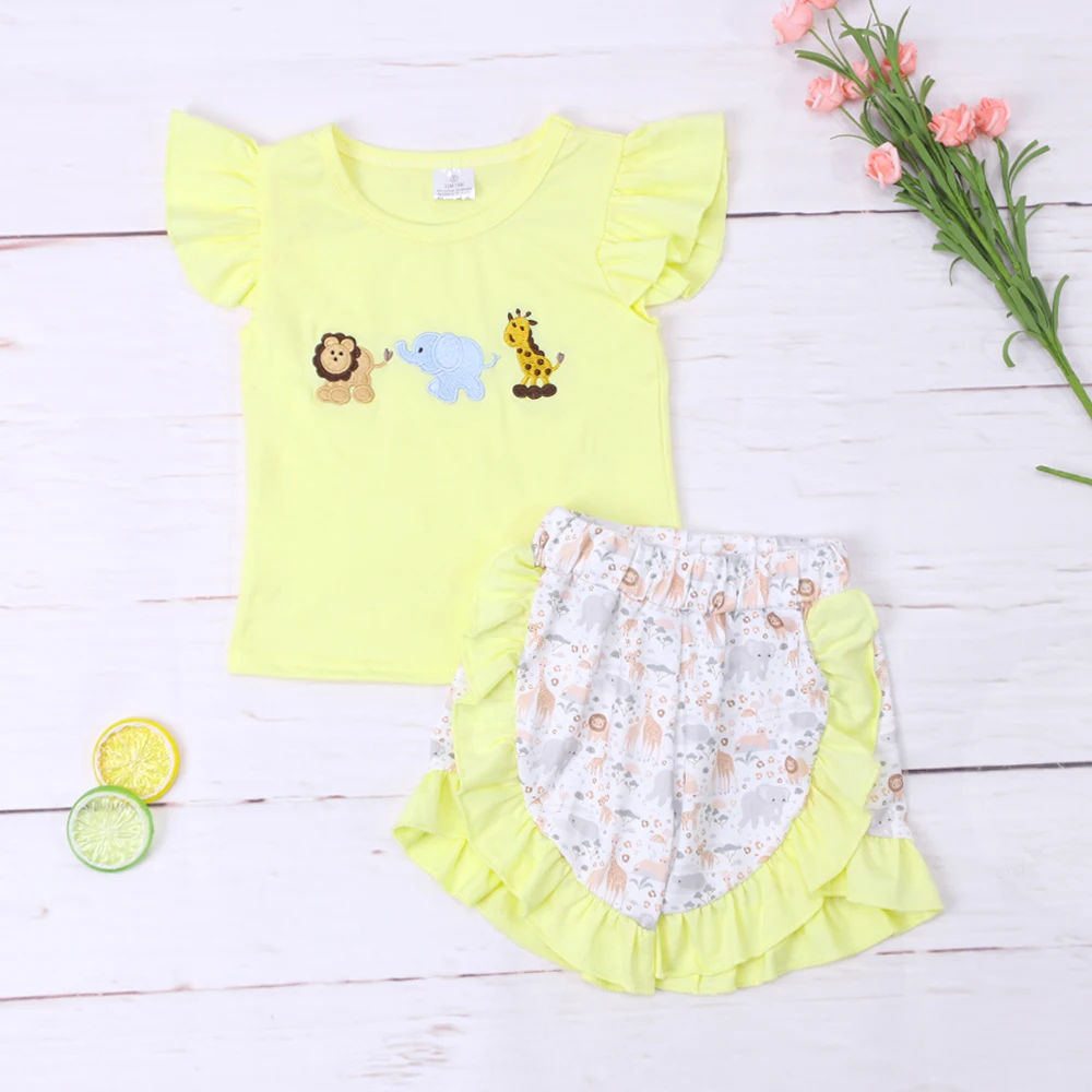 

1-8T Summer Girl Shorts Set Clothes With Pattern Animal Embroidery Half Sleeve Yellow Top And Shorts Suit Boutique Wears For Kid