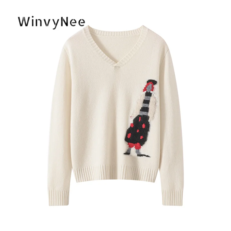 Фото Женская трикотажная блузка WinvyNee из кашемира с жаккардовым узором, толстым V-образным вырезом, длинными рукавами, с мультяшным рельефным принтом, мягкая, уютная, повседневная, модная, A1734001 №1