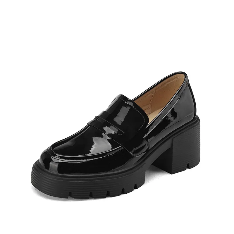 New Spring Black Apricot Round Toe Mid Heeled Leather Punk Women Retro Loafers Casual Shoes