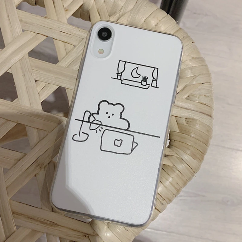 

INS Cute work bear graffiti clear Phone Case For iPhone 13 11 12 Pro Max 12mini X XR XS Max 7 8 Plus Cartoon Silicone Soft Cover