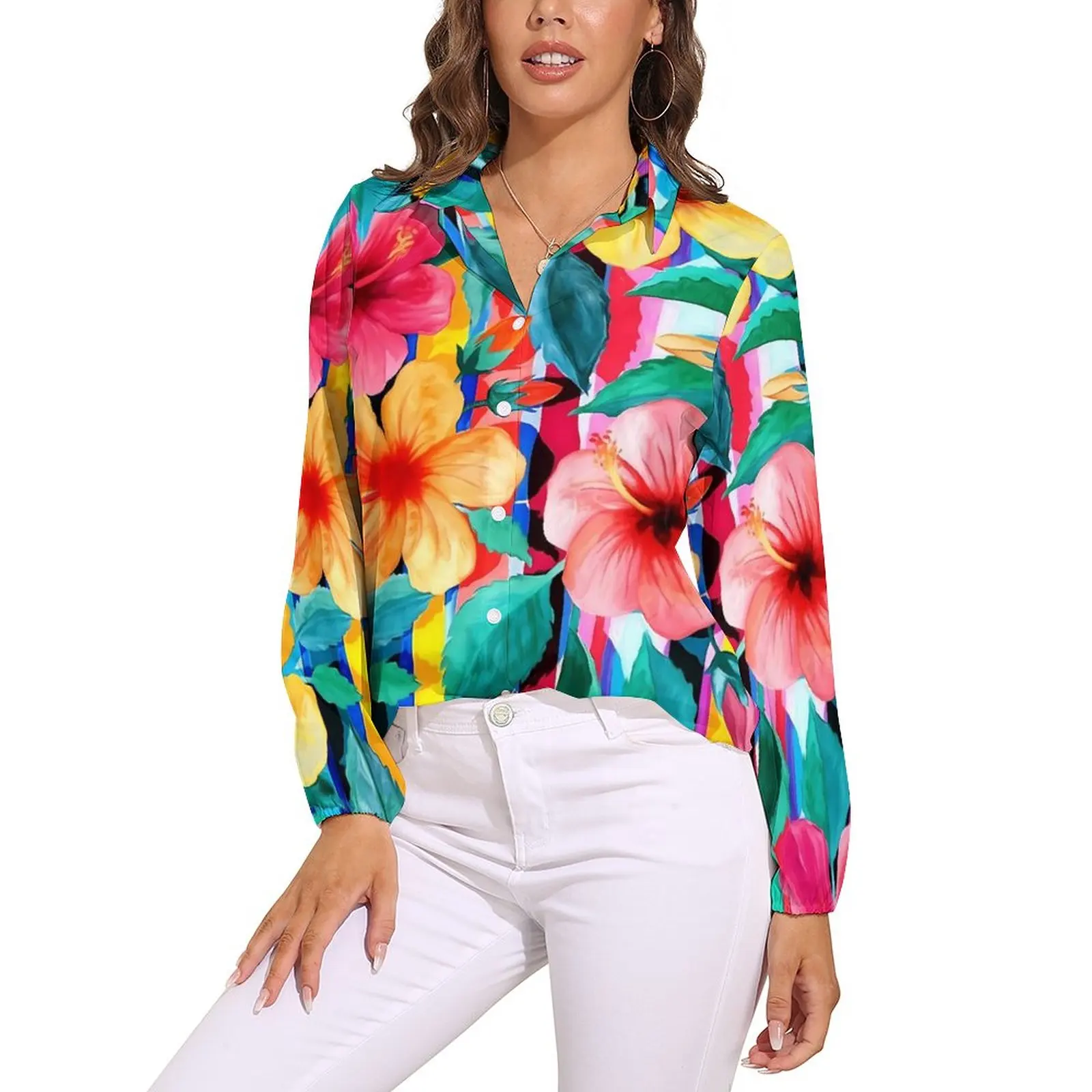 

Floral with Stripes Blouse Long Sleeve Hawaiian Hibiscus Cool Blouses Casual Oversized Shirts Graphic Clothing Birthday Present