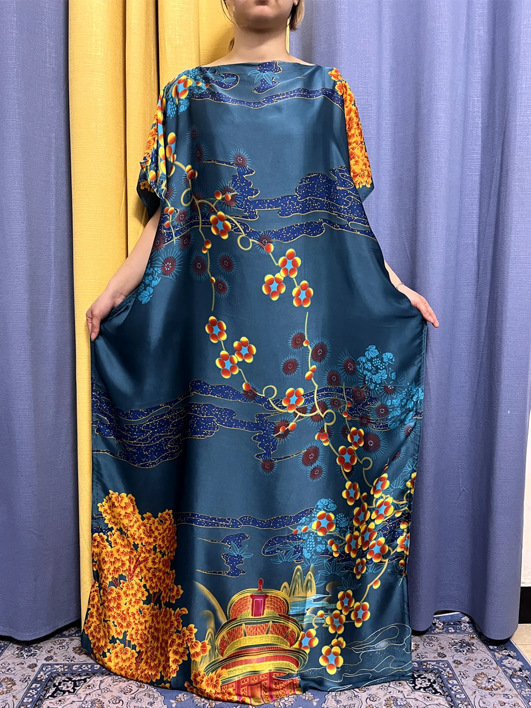 _ 2023 мусульманская летняя свободная шелковая Женская одежда с принтом