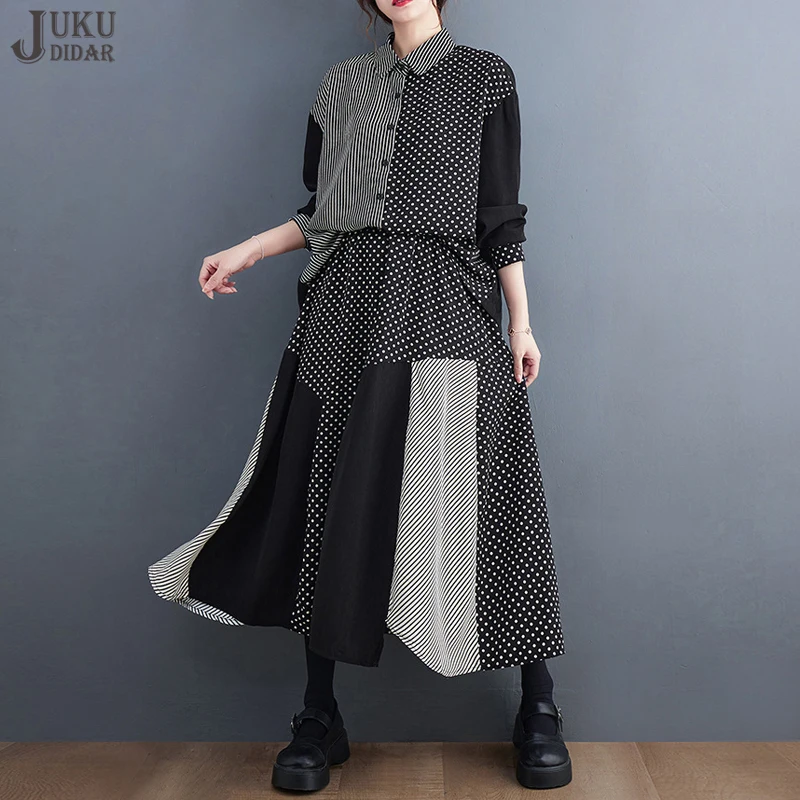 

Dots Printed Two Pieces New Woman Autumn Black Skirt Set With Oversized Hit Color Striped Shirt Unique Casual Outfits JJSE013