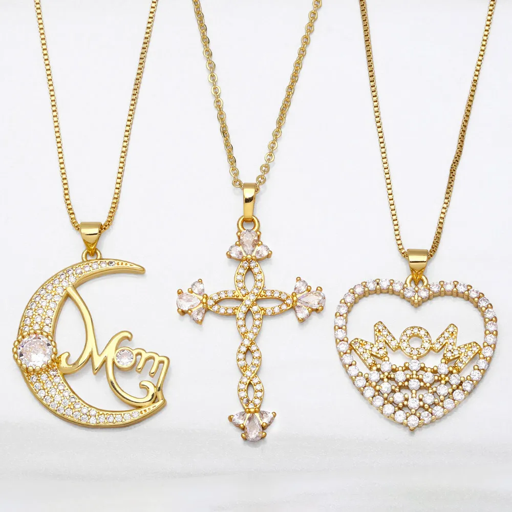 

Luxury Inlaid Zirconia Heart ＆ Cross ＆ Moon Letter MOM Pendant Choker Jewelry For Women Love-shape Necklace for Mothers Day Gift