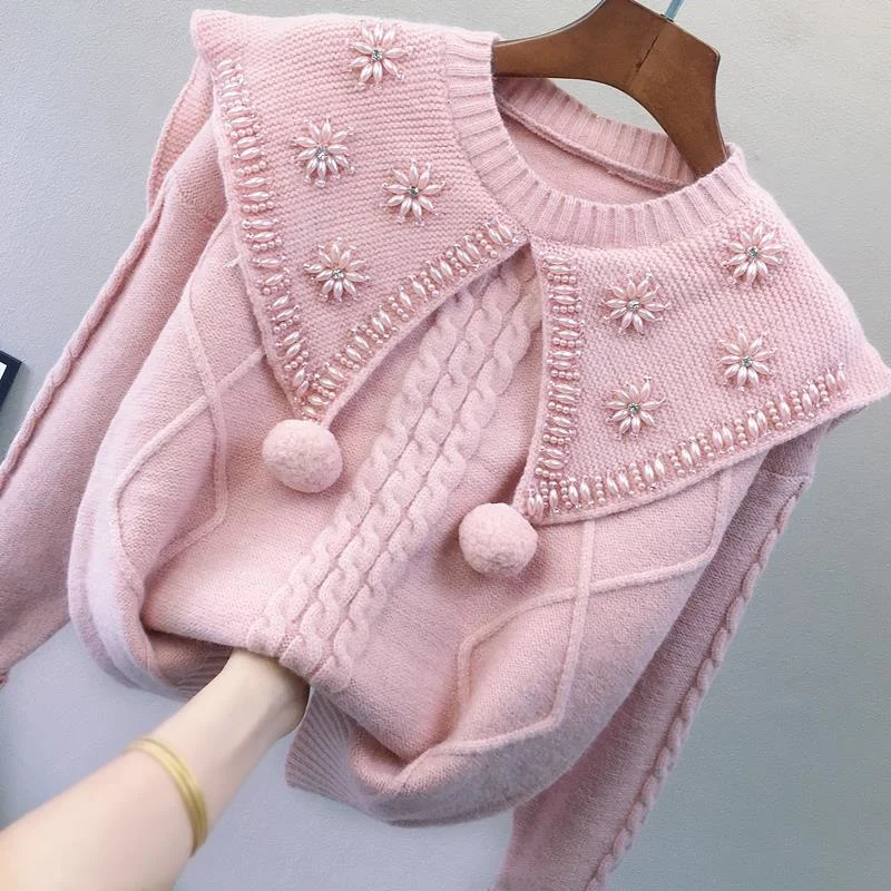 

Wool Ball O-neck Heavy Industry Nail Bead Sweater Women's Pullover Wearing Sweet Spring Autumn Loose Knitted Jumper Female