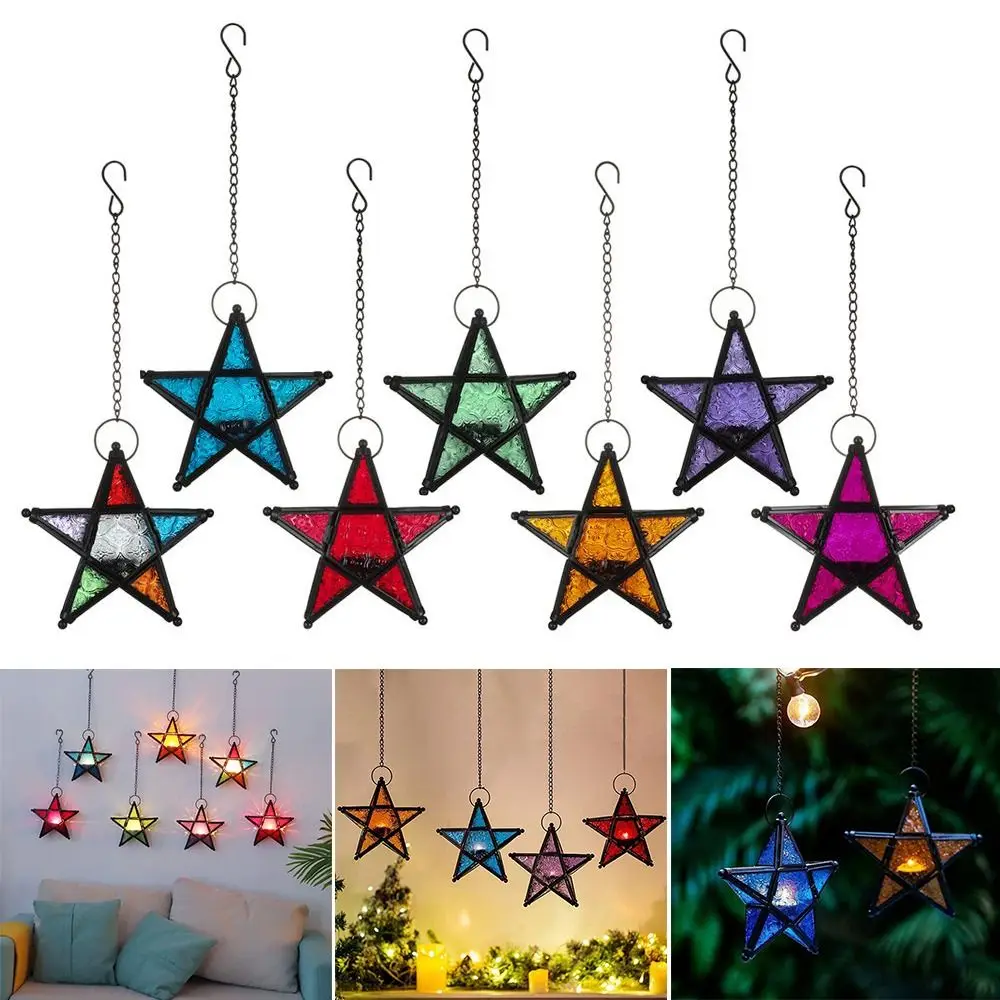 

Durable Colored Embossed Glass Moroccan Candle Holders Pentagram Candlestick Household Decor Candle Lantern