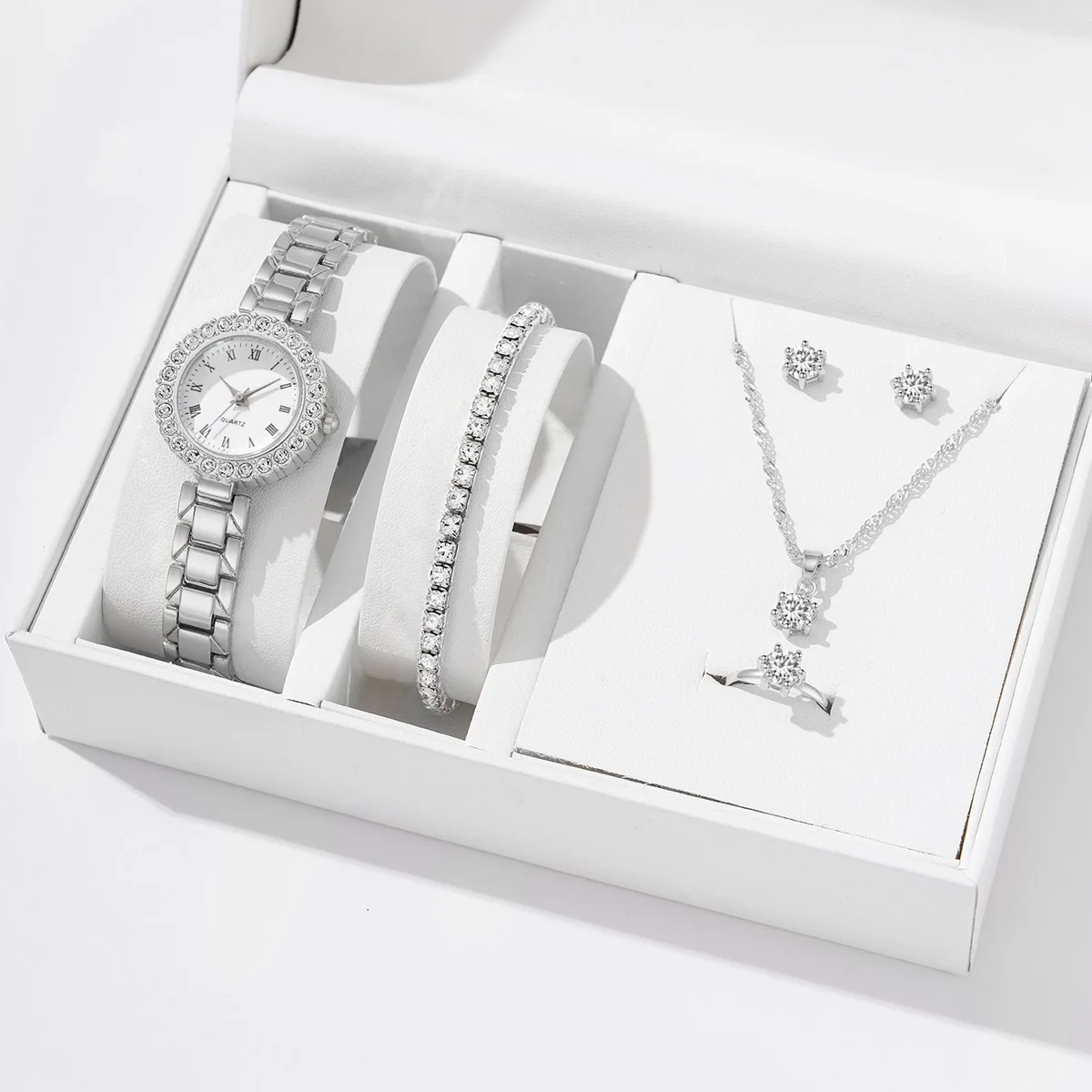 

Модный женский серебристый набор часов, стальной ремешок, кварцевые наручные часы, браслет, женское Спортивное ожерелье, кольцо, серьги, подарки для женщин