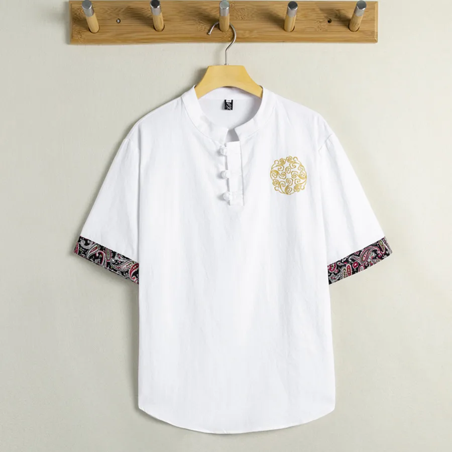 

Chinese Style Embroidered Short Sleeve T-shirt Men's Linen Thin Top LargeTang Style National Style T-shirt Half Sleeve