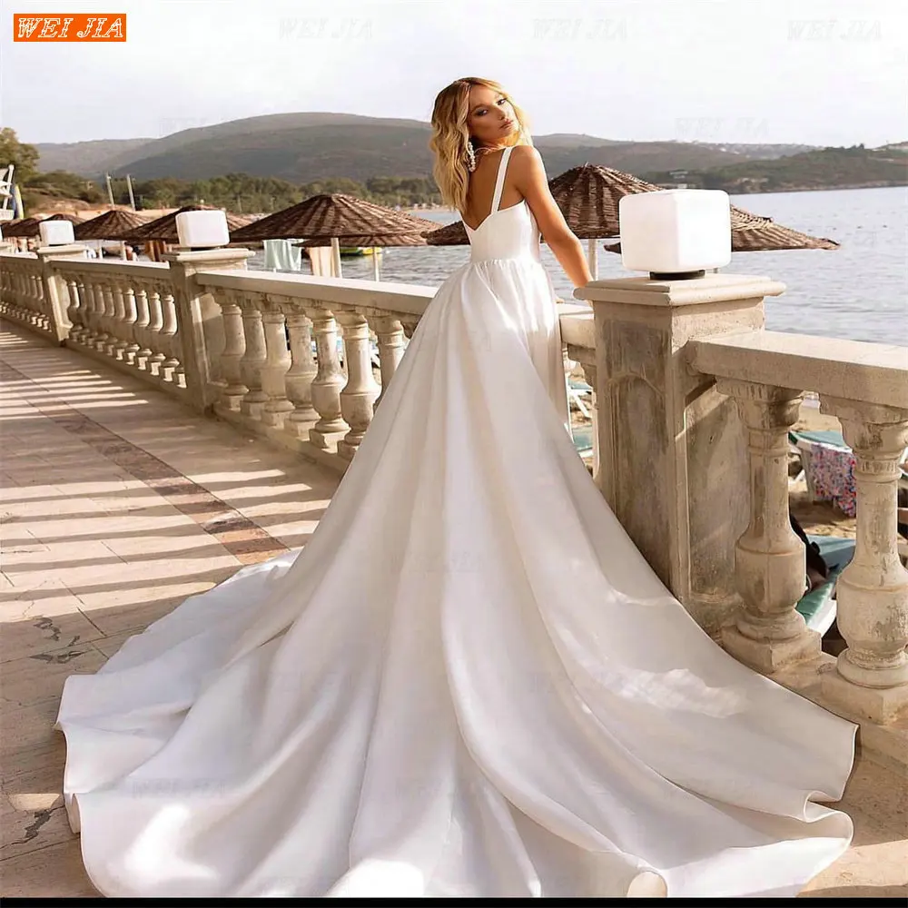 

WEIJIA Simple Luxury Wedding V-Neck Sleeveless Satin Button Back Mermaid Dress Train Custom Hochzeitskleid Vestidos De Novia