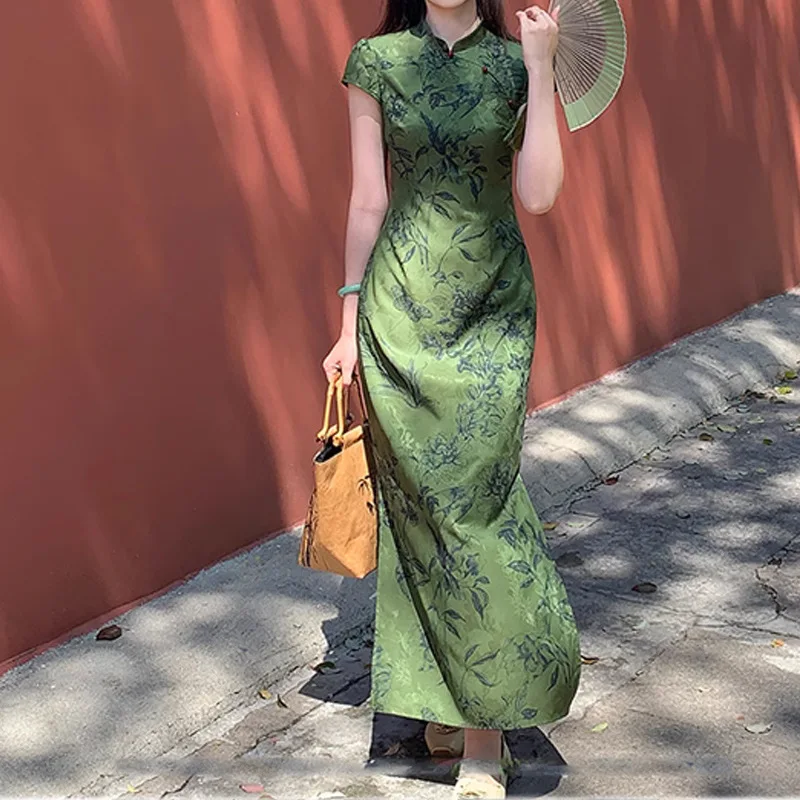 Женское длинное жаккардовое платье-Ципао в стиле ретро